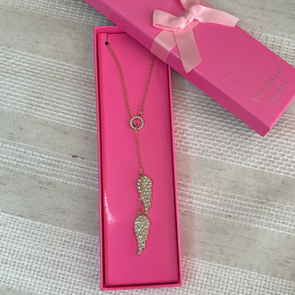 Victoria's Secret Gold Crystal Angel Wing Lariat Necklace